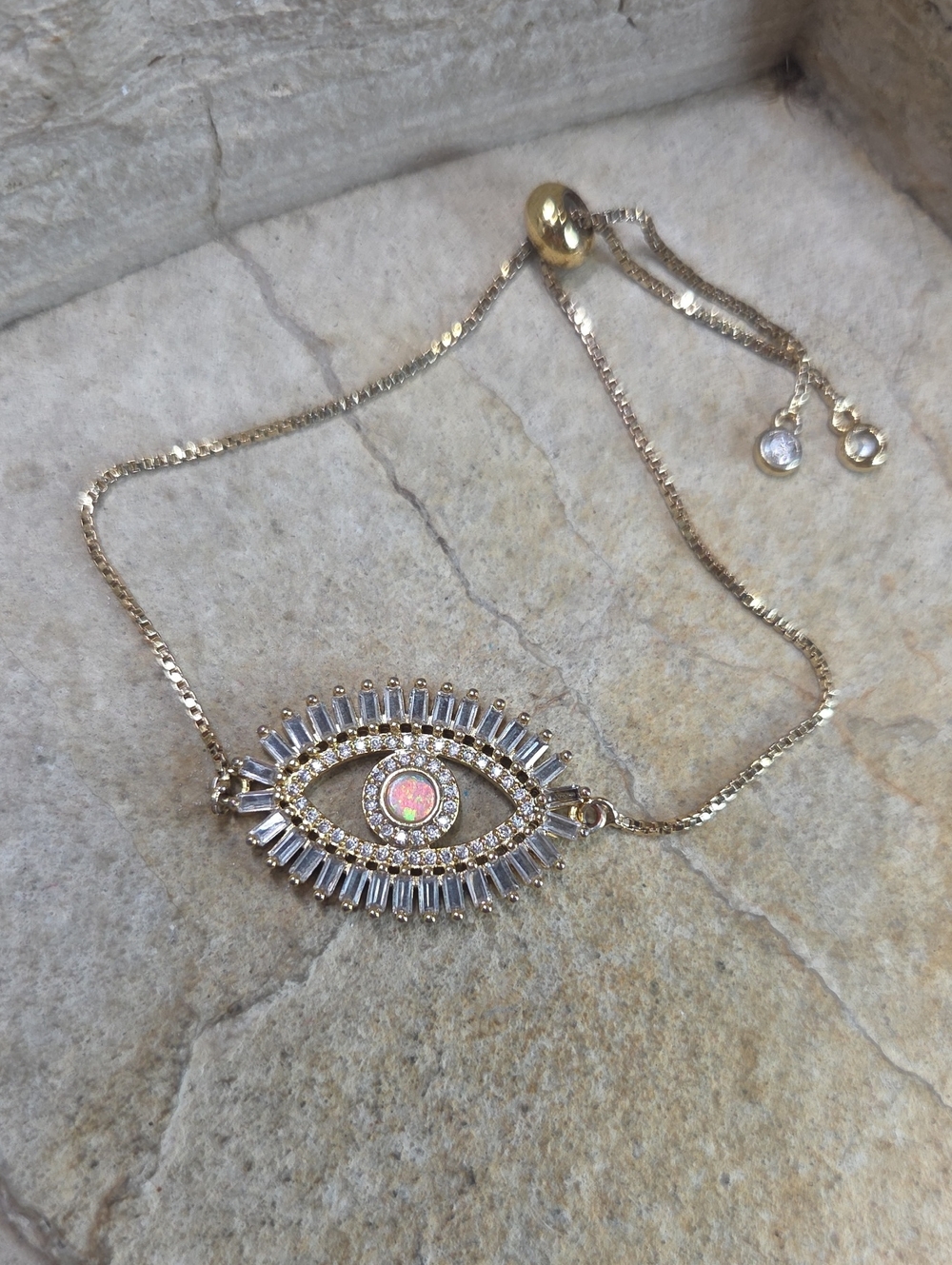 Gold-Tone Opal Evil Eye Bracelet with Clear CZ Crystals Adjustable